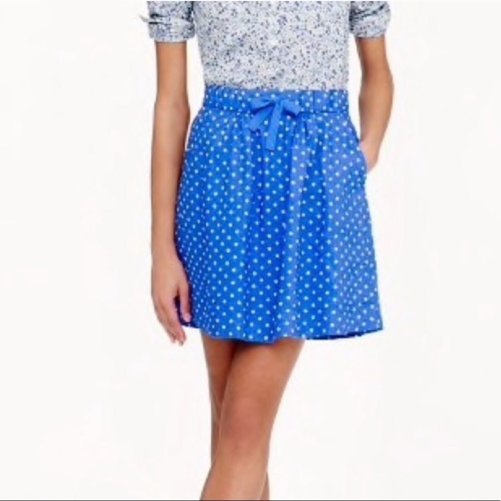 J Crew Blue Polka Dot Linen Drawstring Waist Skirt